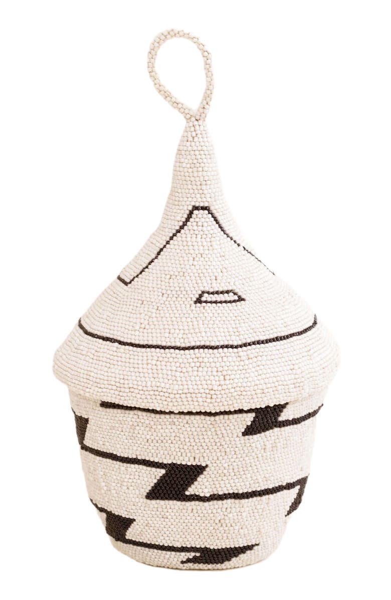 indego africa Zig Zag Beaded Peace Basket, Main, color, White And Black