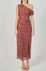 Endless Rose Dot Ruched One-Shoulder Mesh Maxi Dress