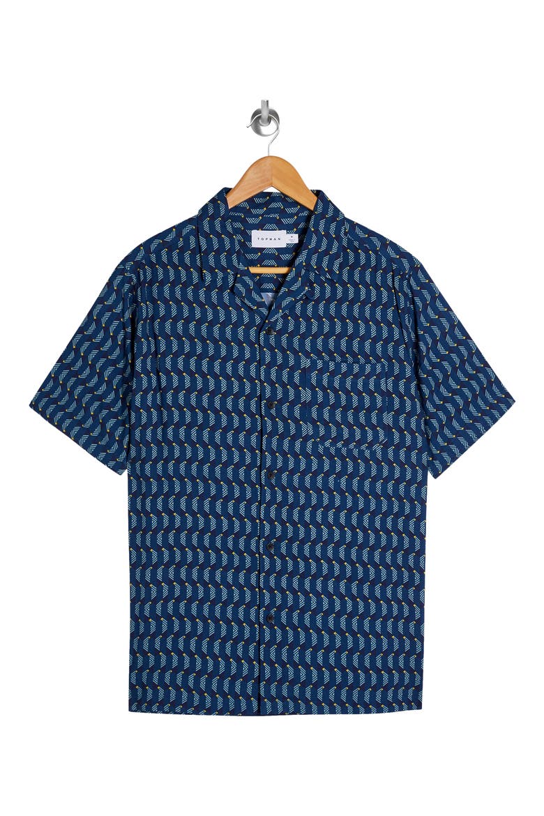 Slim Fit Geometric Print Camp Shirt, Alternate, color, NAVY BLUE