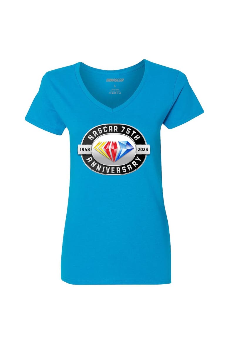 Women's Checkered Flag Light Blue NASCAR 75th Anniversary V-Neck T-Shirt, Alternate, color, Light Blue