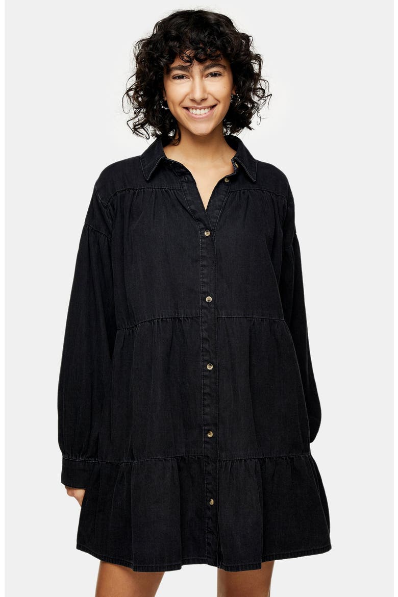 Tiered Denim Shirt Dress, Alternate, color, BLACK