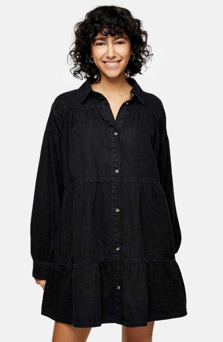 Topshop Tiered Denim Shirt Dress, Alternate, color,