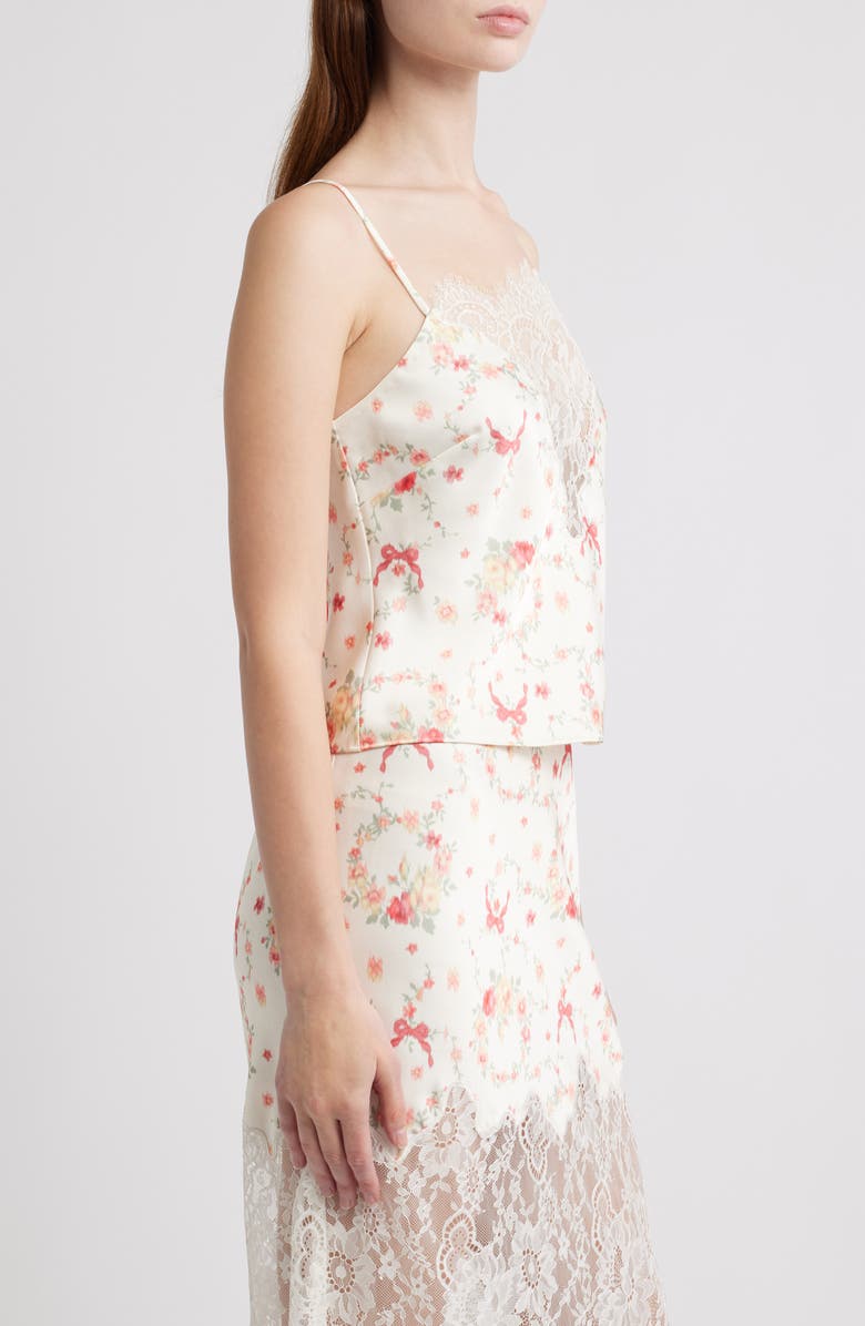 LoveShackFancy Constantina Floral Print Lace Satin Camisole, Alternate, color, Ecru Gardenia