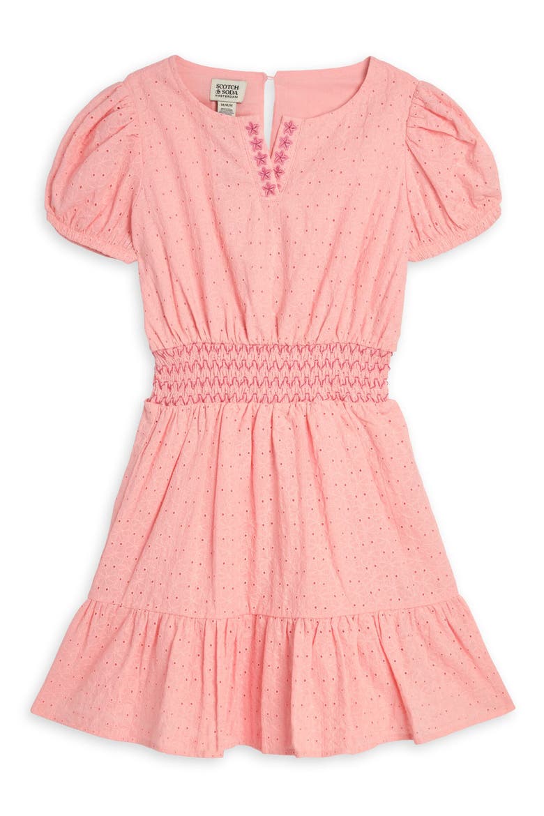 Kids' Embroidered Eyelet Puff Sleeve Dress, Main, color, IMPATIENS PINK