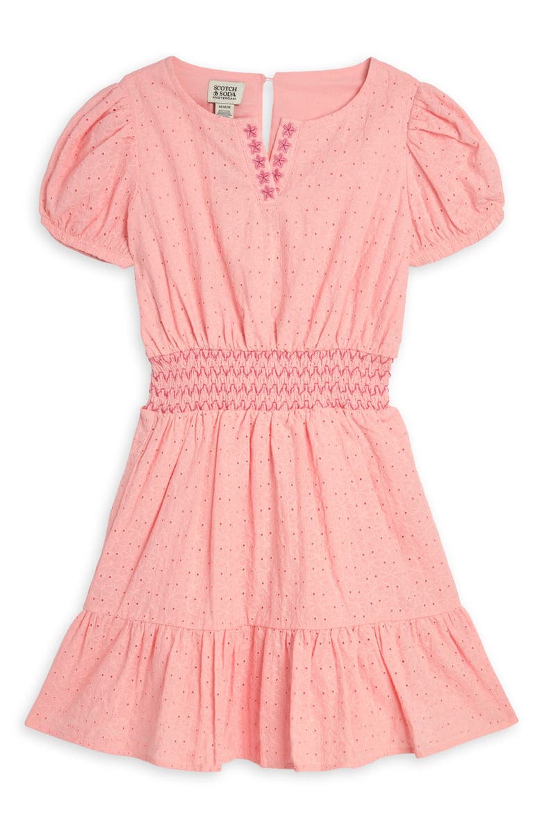 Scotch & Soda Kids' Embroidered Eyelet Puff Sleeve Dress, Main, color, Impatiens Pink