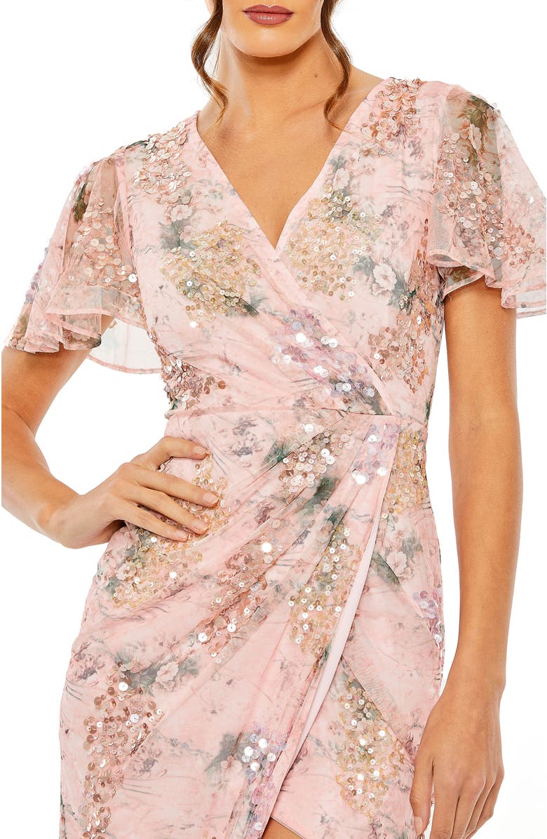 Mac Duggal Printed Mesh Flutter Sleeve Faux Wrap Midi Dress, Alternate, color, Rose