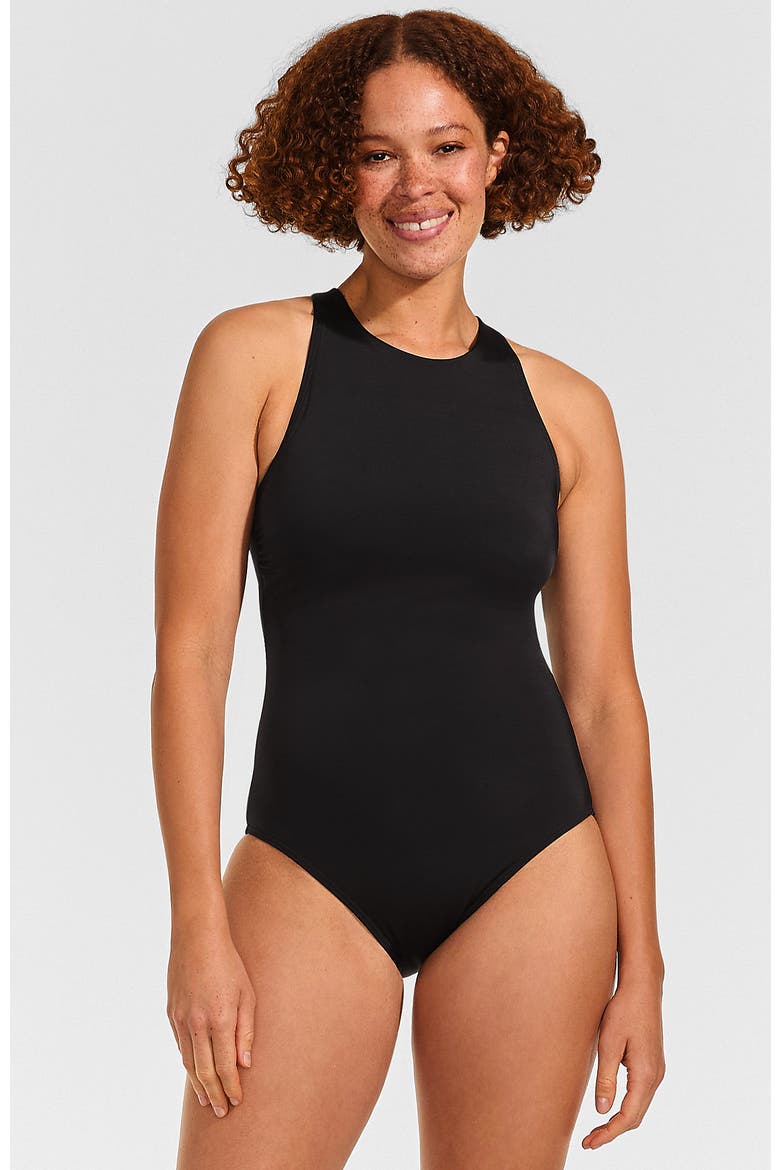 D-Cup Tugless High Neck Portrait Back One Piece Swimsuit, Alternate, color, Black