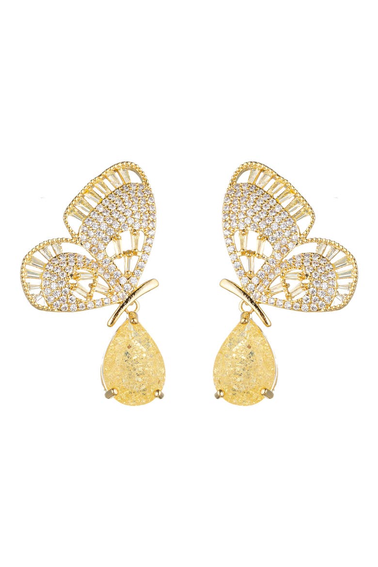 18K Gold Plated Pavé Cubic Zirconia Butterfly Crystal Drop Earrings, Main, color, GOLD