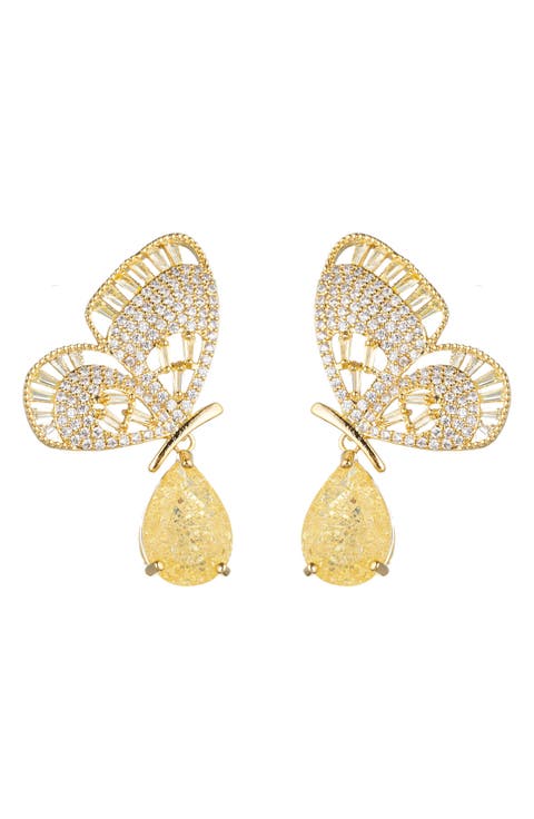 18K Gold Plated Pavé Cubic Zirconia Butterfly Crystal Drop Earrings