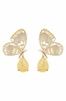 18K Gold Plated Pavé Cubic Zirconia Butterfly Crystal Drop Earrings