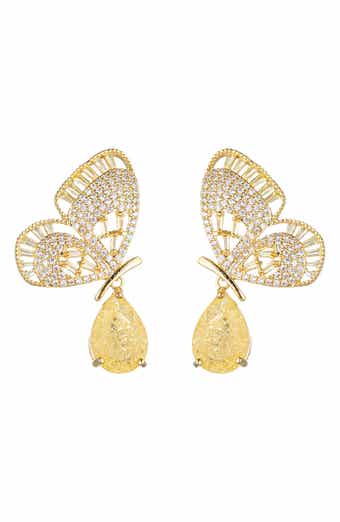 18K Gold Plated Pavé Cubic Zirconia Butterfly Crystal Drop Earrings