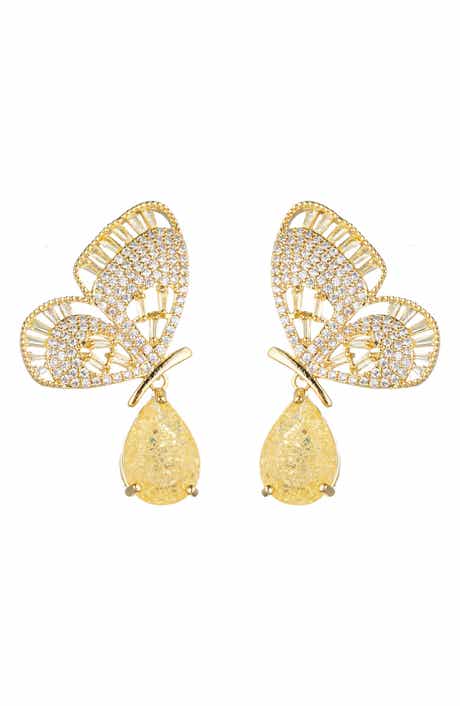 18K Gold Plated Pavé Cubic Zirconia Butterfly Crystal Drop Earrings