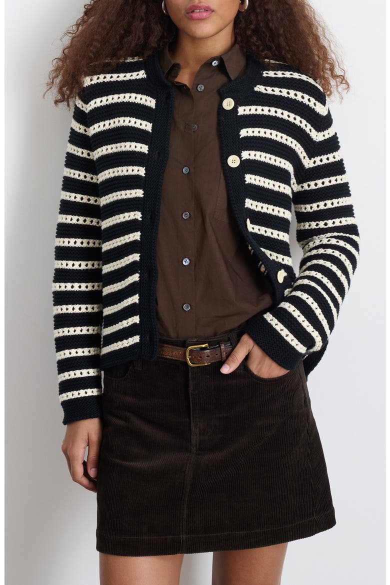 Haley Stripe Cotton Cardigan, Main, color, BLACK/ IVORY