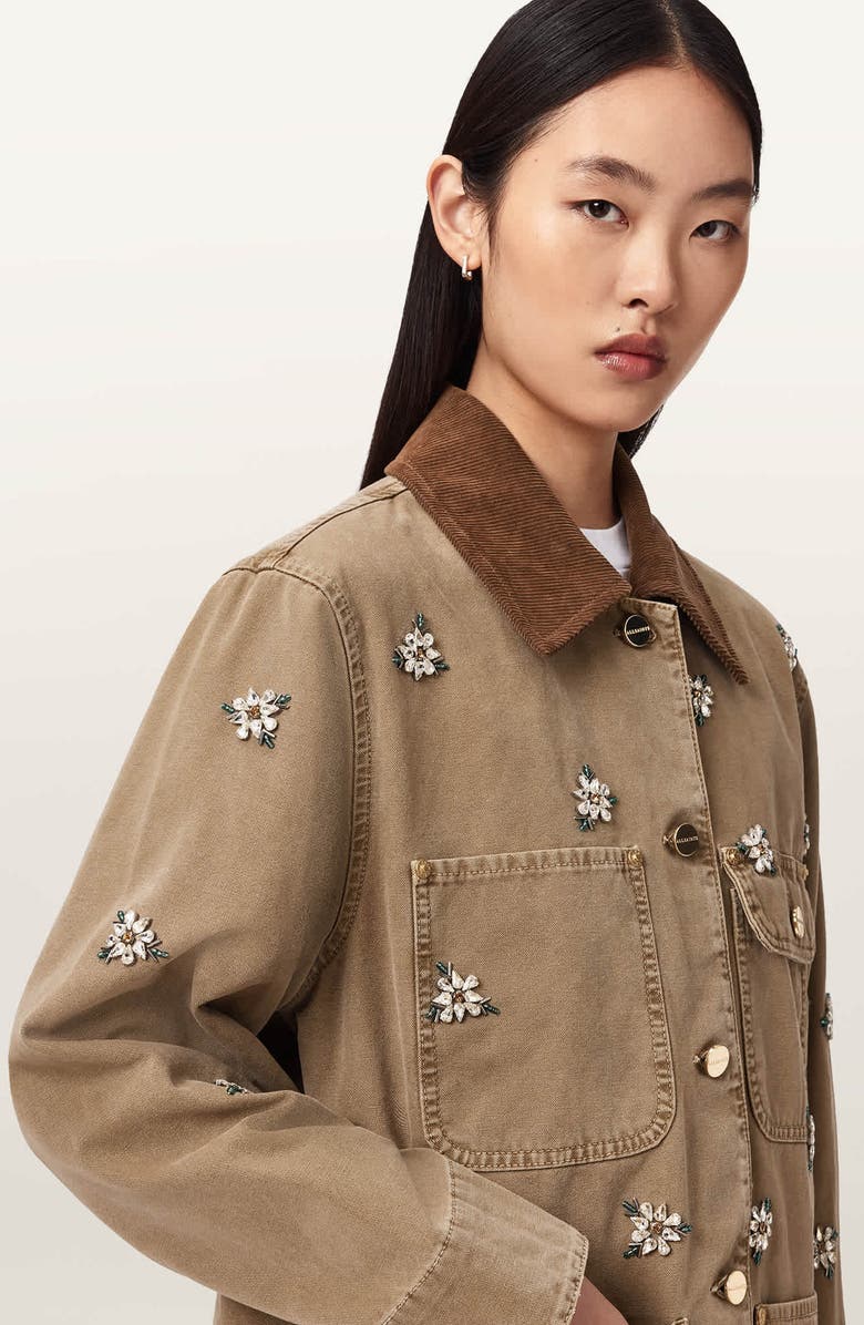 AllSaints Bex Embroidered Detail Denim Jacket, Alternate, color, Vintage Sand Brown