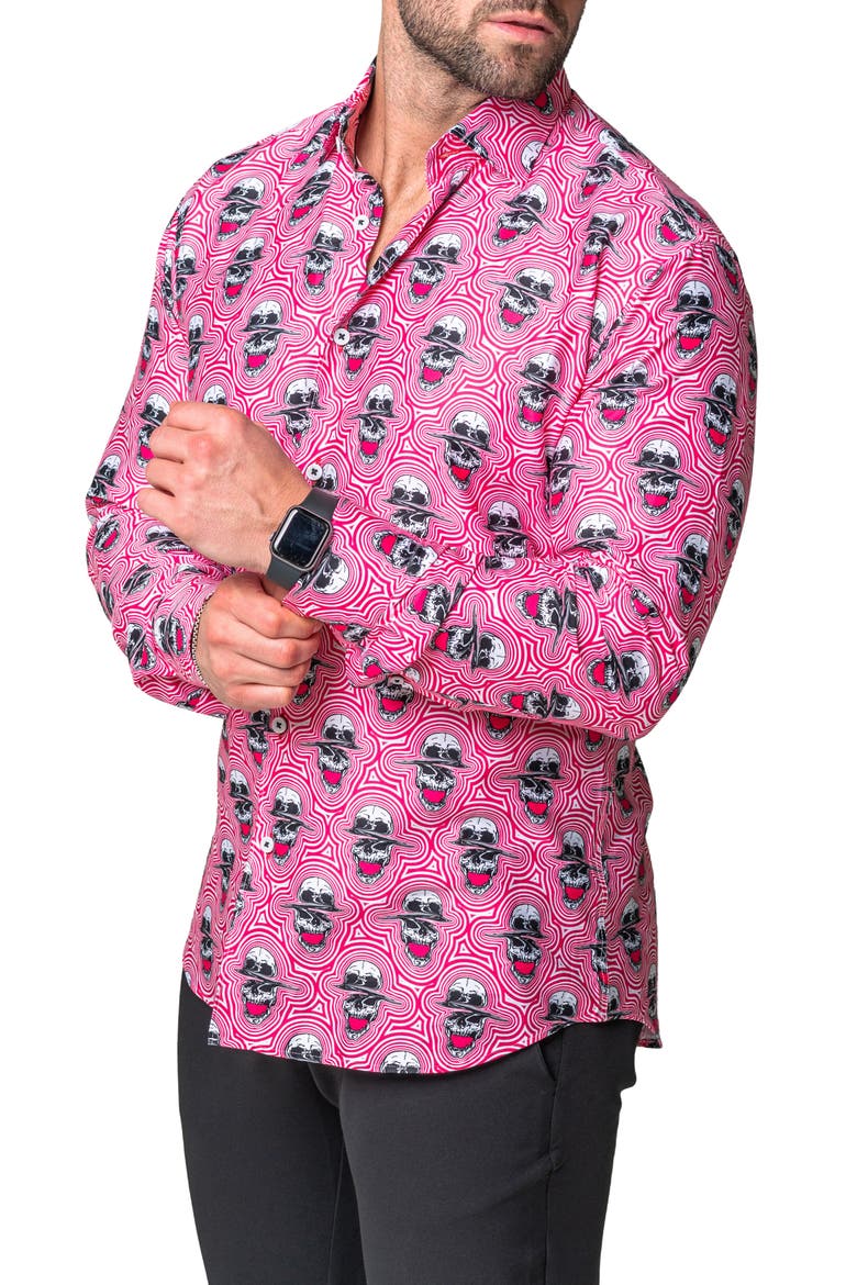 Fibonacci Skull Sonic Regular Fit Cotton Blend Button-Up Shirt, Alternate, color, RED