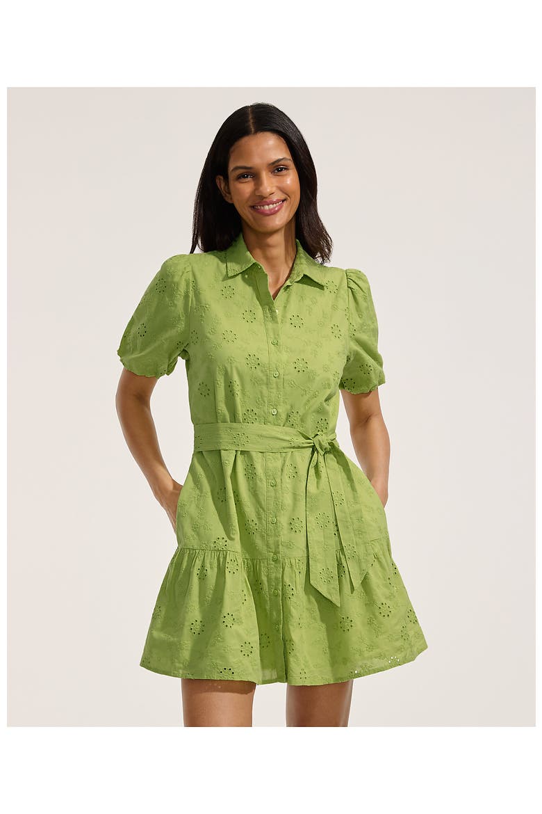 Elbow Sleeve Eyelet Knee Length Shirt Dress, Alternate, color, Bright Pistachio Floral Eyelet