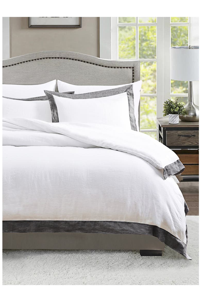 Linen Border Duvet 3-Piece Set, Alternate, color, DARK GREY