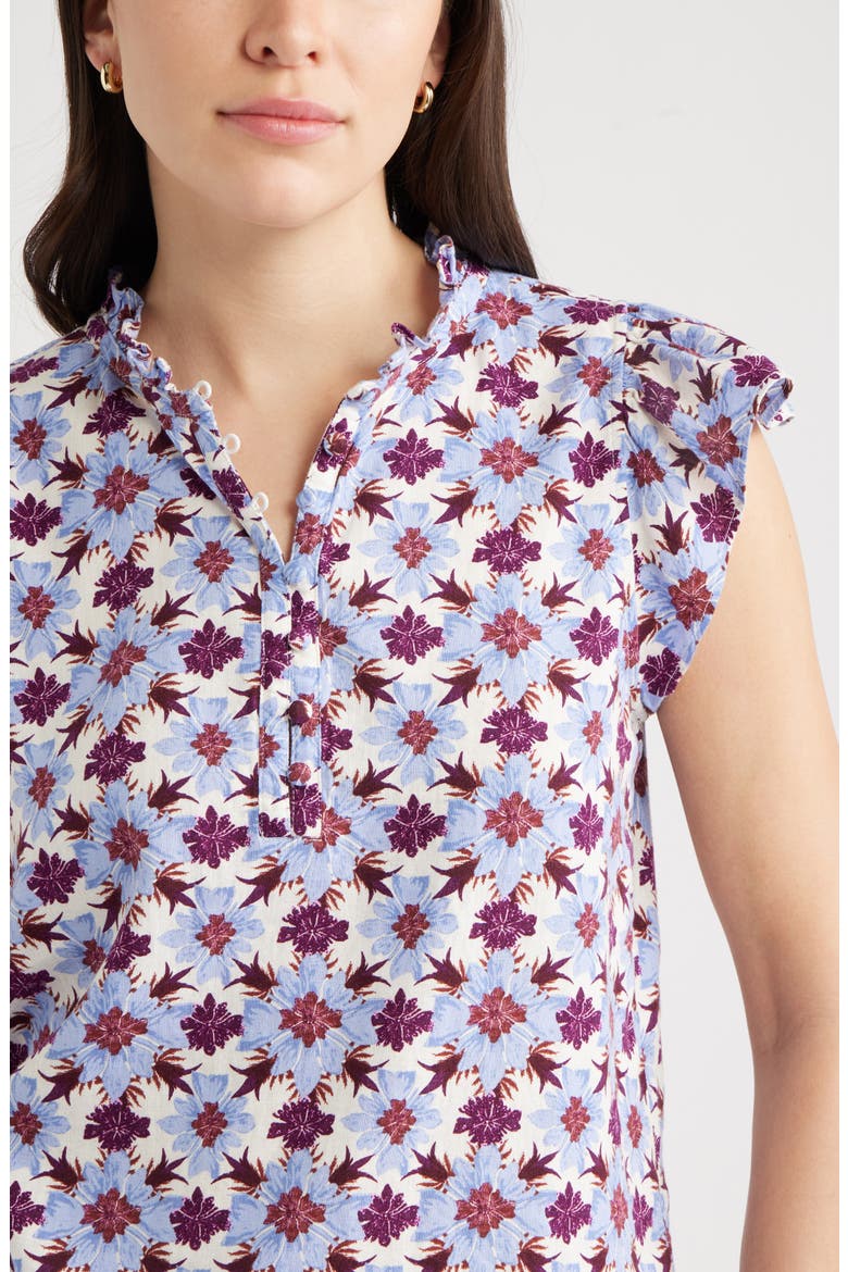 Flutter Sleeve Print Popover Top, Alternate, color, IVORY- PURPLE MILLIE TILE