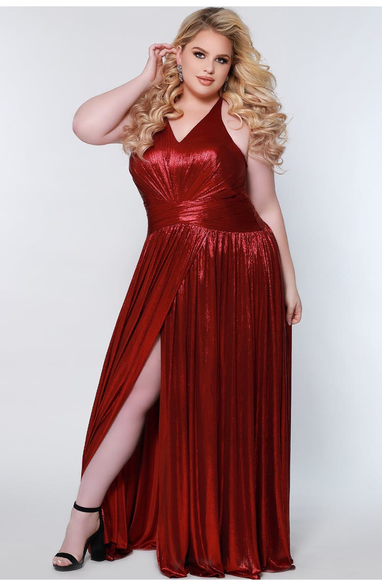 Celebrations by Sydney's Closet A-line Plus Size Metallic Formal Dress, Main, color, Crimson