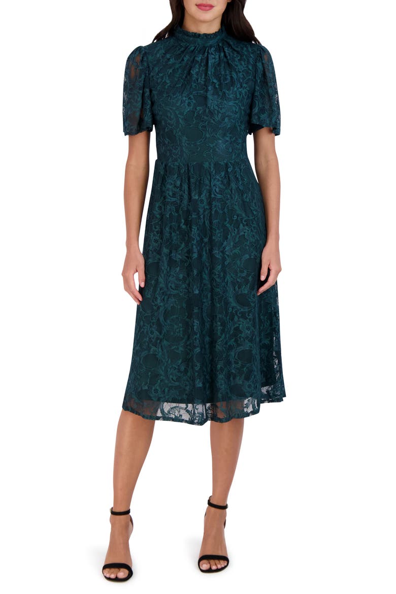 Flutter Sleeve Lace Mock Neck Midi Dress, Main, color, GREEN
