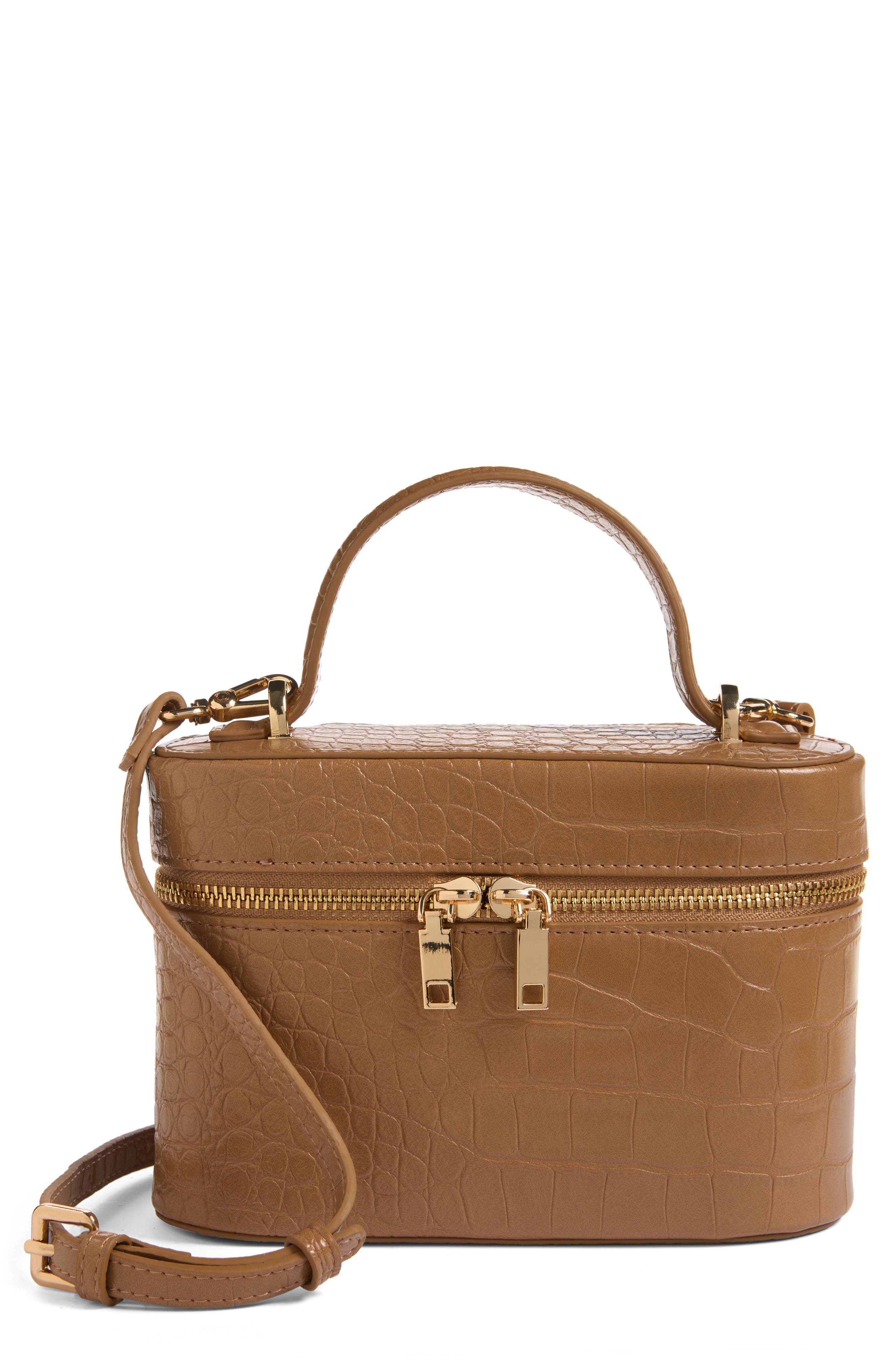 Camelia Croc Embossed Faux Leather Crossbody Bag, Main, color, MEDIUM BROWN