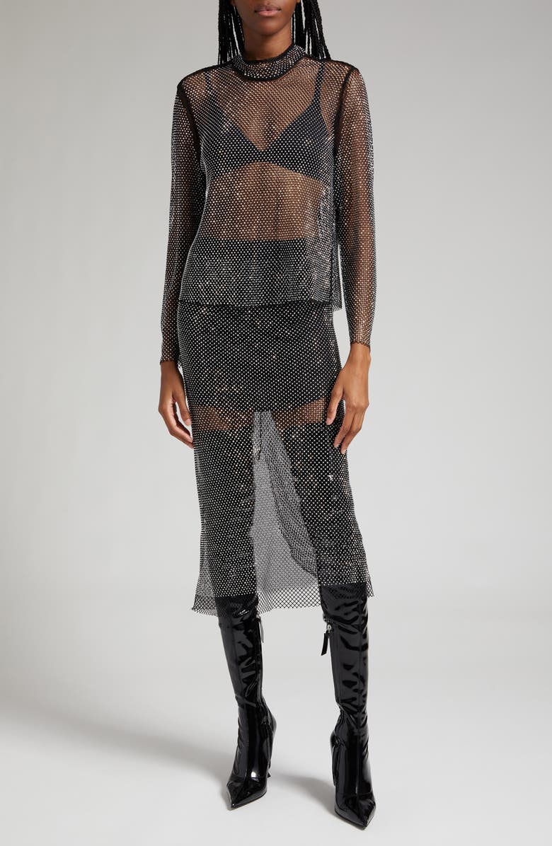 GESTUZ Yadegz Crystal Embellished Mesh Midi Skirt, Alternate, color, Silver Glitter