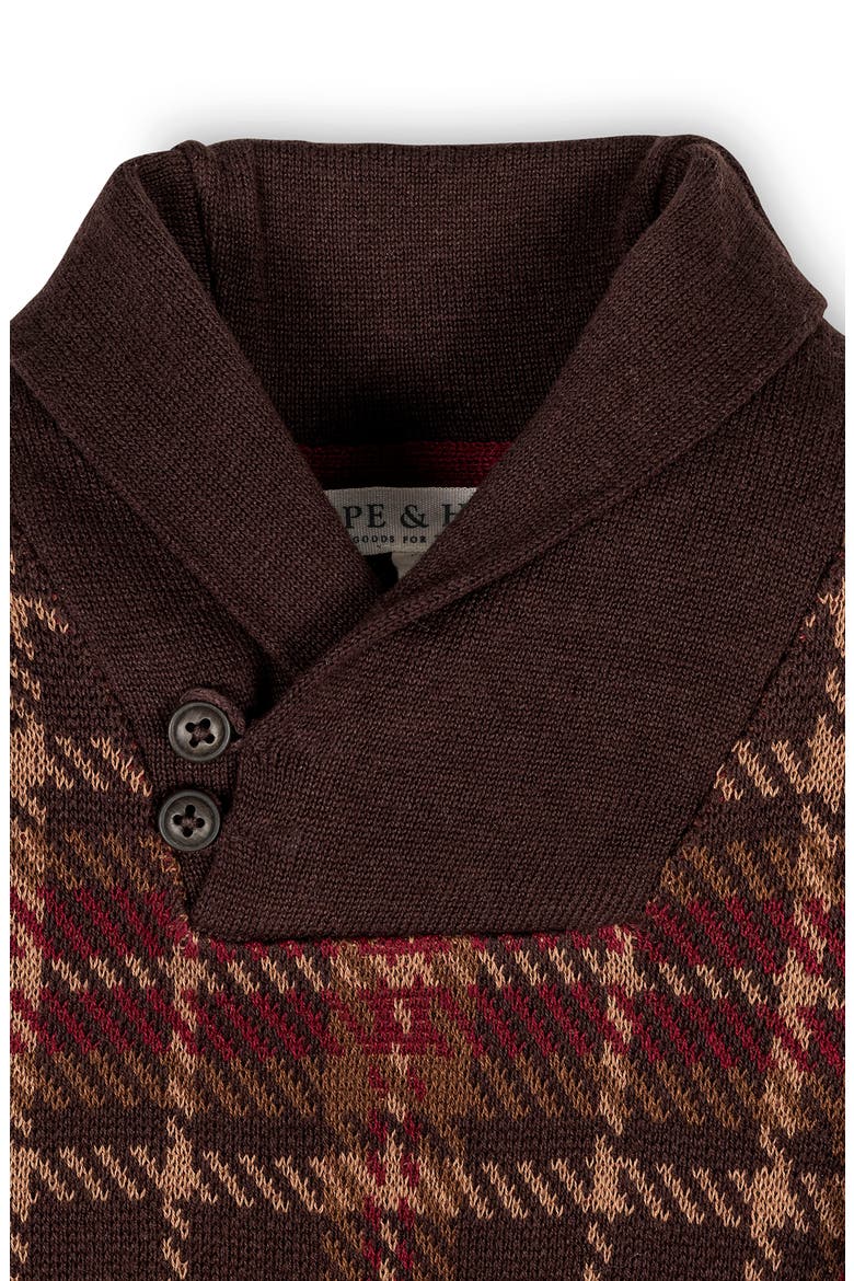 Kids' Organic Long Sleeve Intarsia Shawl Collar Sweater with Elbow Patches, Alternate, color, Fireside Plaid Intarsia