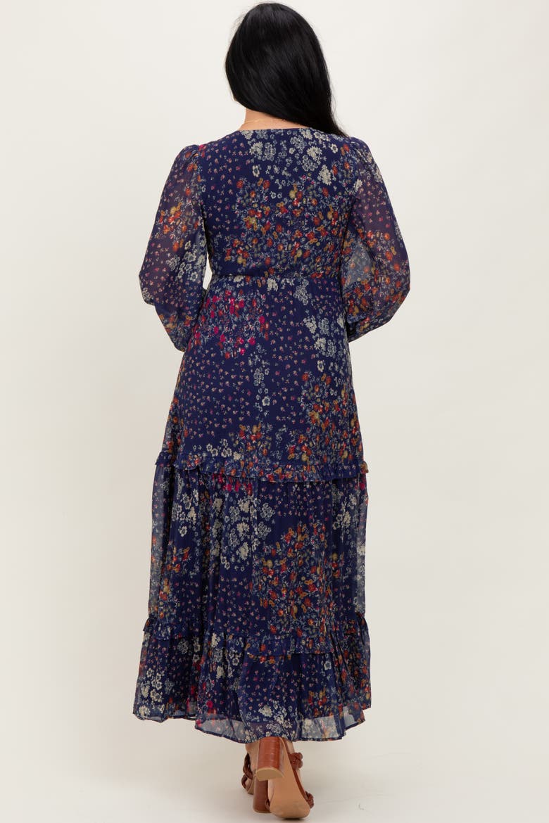 Floral Chiffon V-Neck Long Sleeve Maxi Dress, Alternate, color, Navy Blue