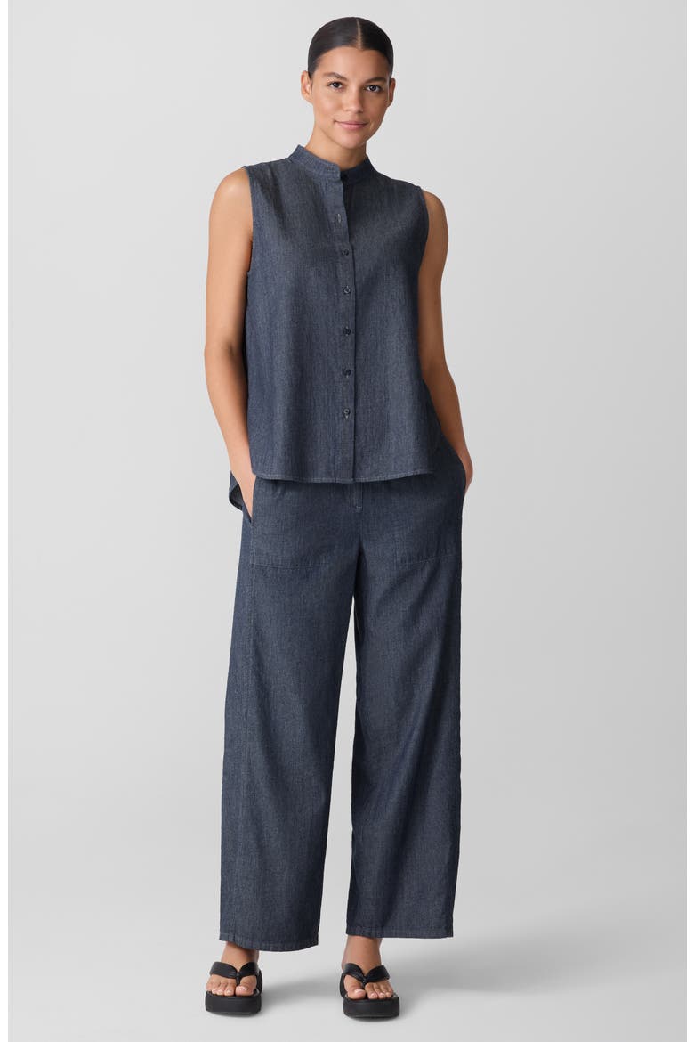Sleeveless Band Collar Chambray Button-Up Shirt, Alternate, color, DENIM
