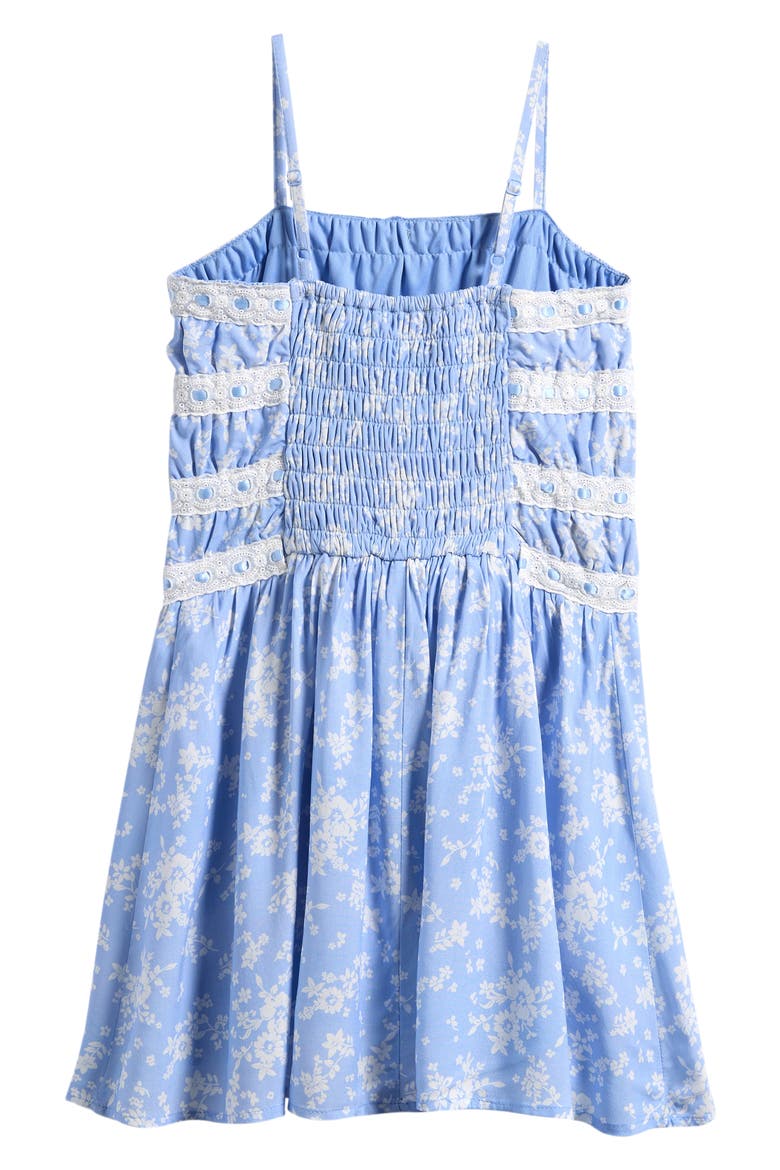 Kids' Ditsy Floral Ribbon & Lace Trim Dress, Alternate, color, BLUE