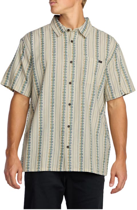 Sundays Stripe Jacquard Short Sleeve Cotton Button-Up Shirt
