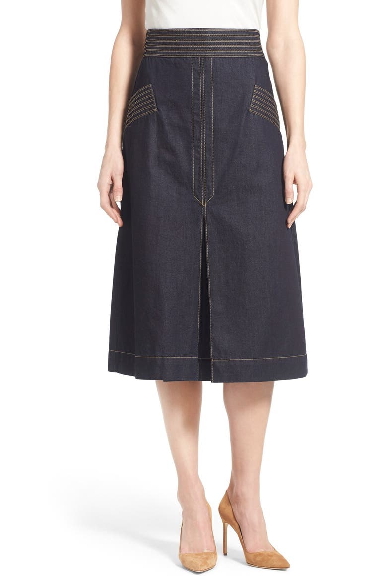 Olivia Palermo + Chelsea28 Retro Denim Skirt, Main, color, DARK INDIGO RINSE