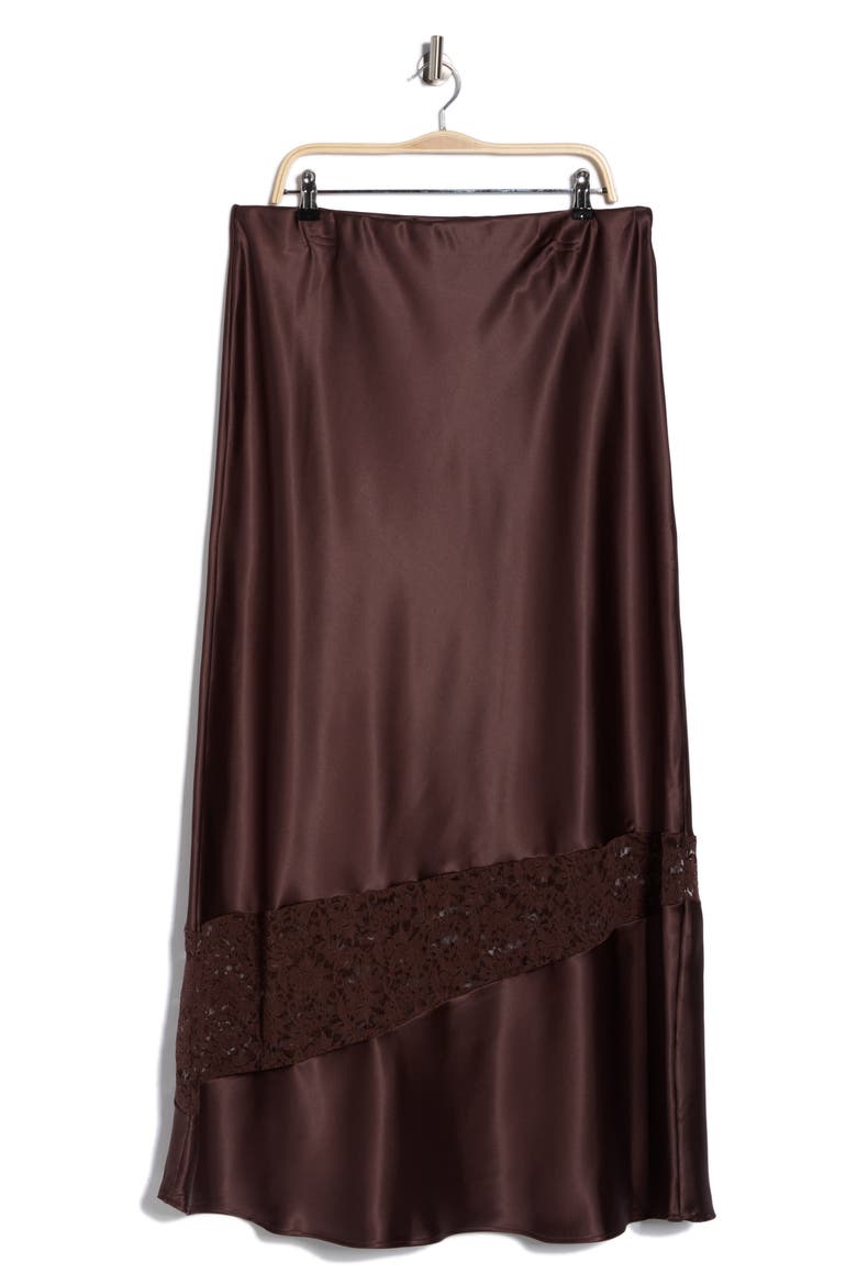 Lace Trim Satin Maxi Skirt, Alternate, color, BROWN