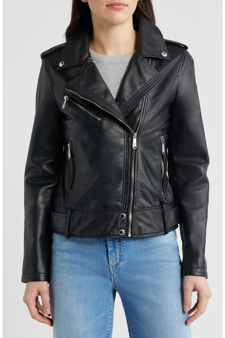 Trapunto Stitch Leather Moto Jacket, Alternate, color, BLACK