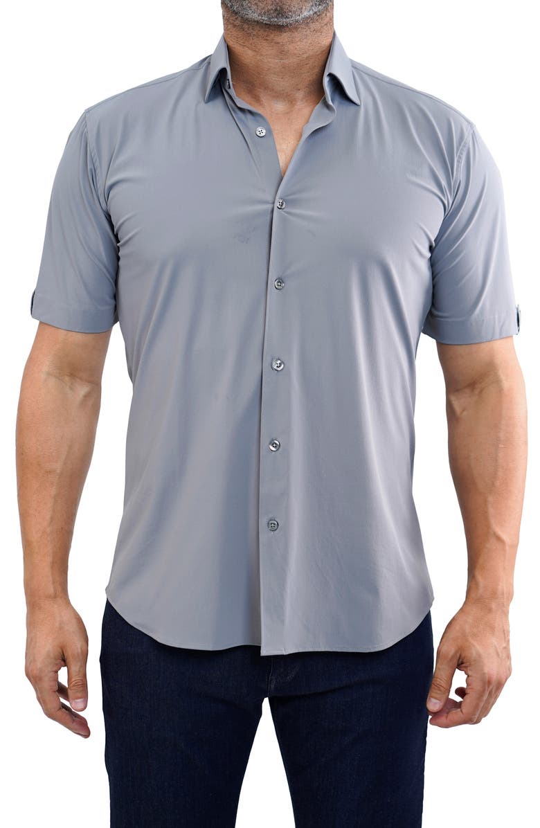 Maceoo Galileo Grey Stretchcore Short Sleeve Cotton Blend Button-Up Shirt, Main, color, 