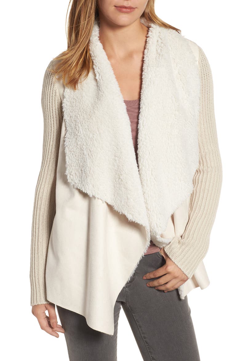Opal Drape Front Cardigan with Faux Fur Trim, Main, color, EGGSHELL