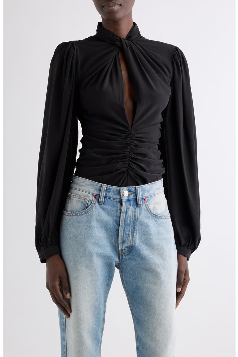 Depsona Twisted Mock Neck Silk Top, Main, color, BLACK