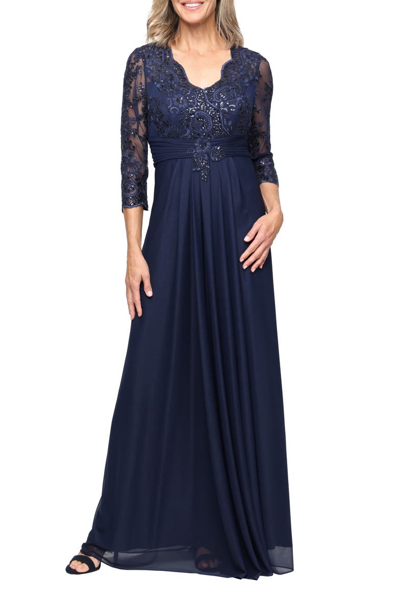 Sequin Embroidered Chiffon Gown, Main, color, NAVY