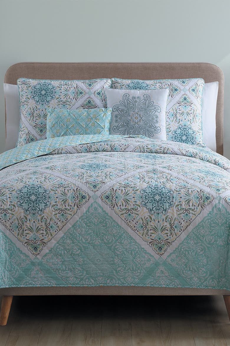 Windsor Reversible Medallion Quilt Set - King, Main, color, AQUA