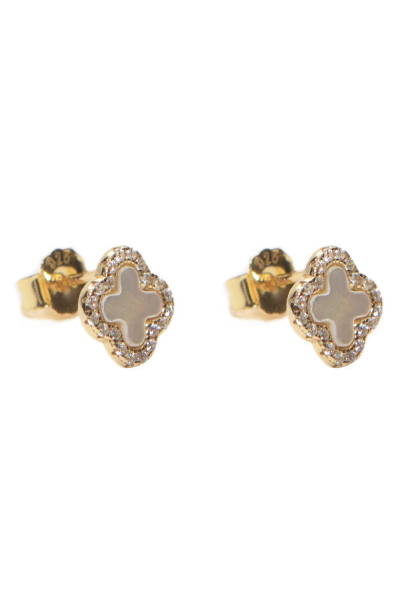 Argento Vivo Sterling Silver Pavé Mother-of-Pearl Clover Stud Earrings, Main, color, Gold