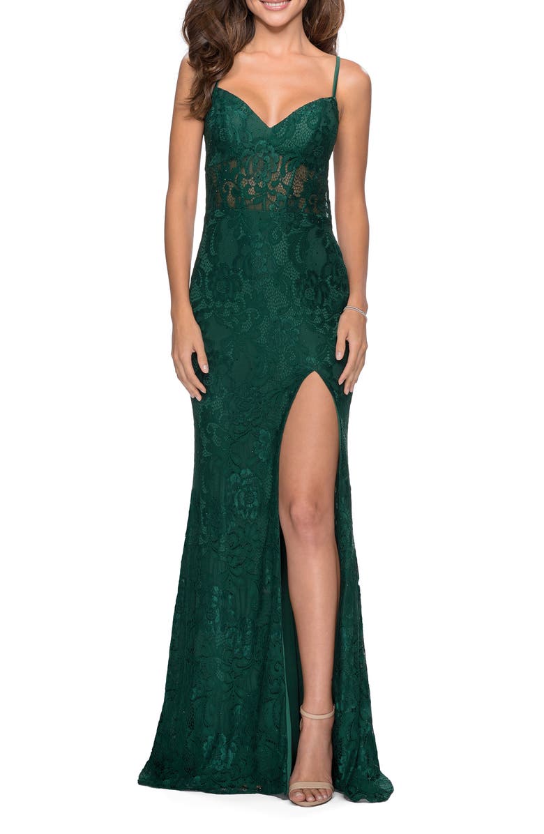La Femme Strappy Back Lace Trumpet Gown, Main, color, 