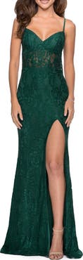 La Femme Strappy Back Lace Trumpet Gown