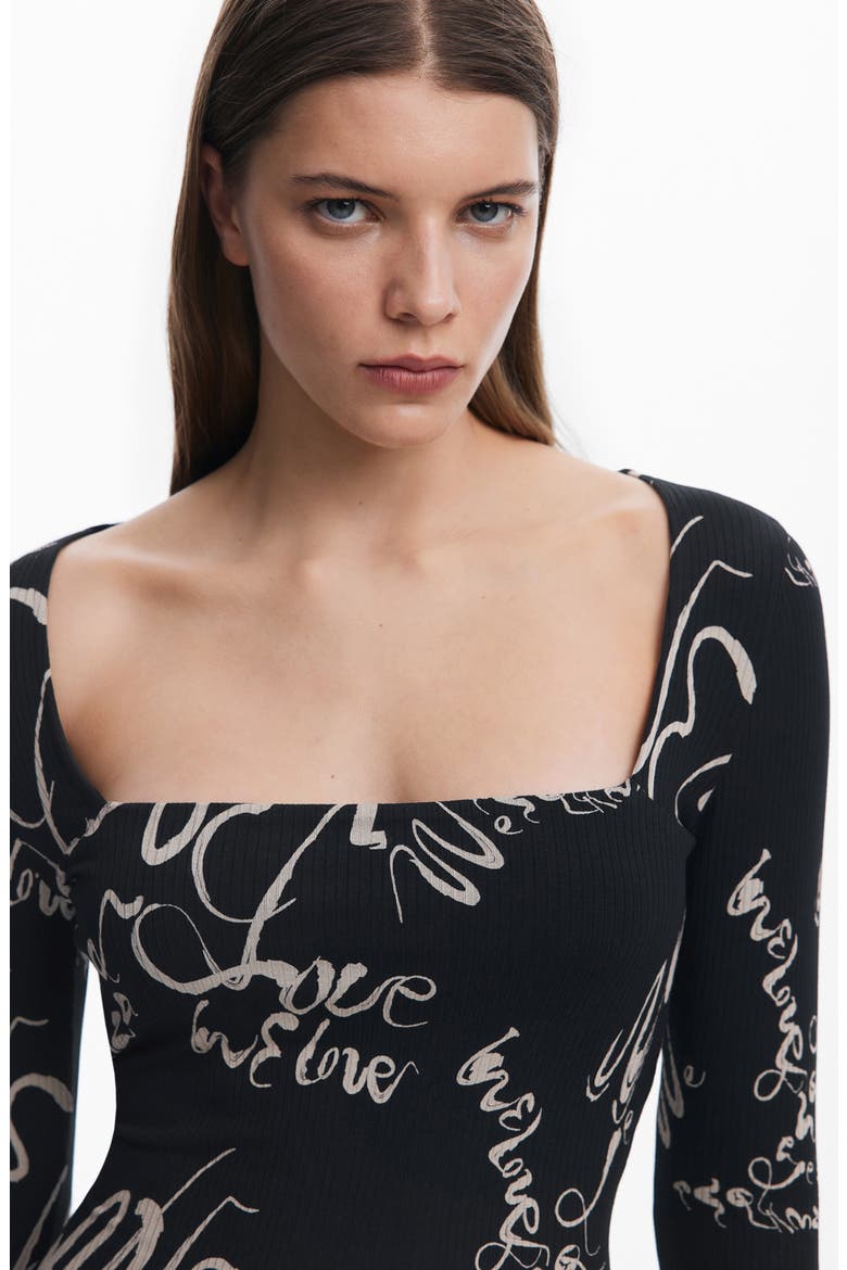Love Print Long Sleeve Body-Con Midi Dress, Alternate, color, BLACK