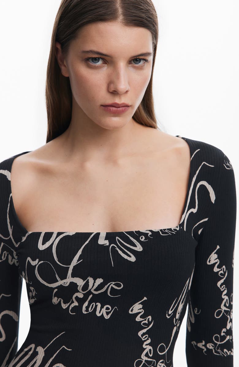 Desigual Love Print Long Sleeve Body-Con Midi Dress, Alternate, color,