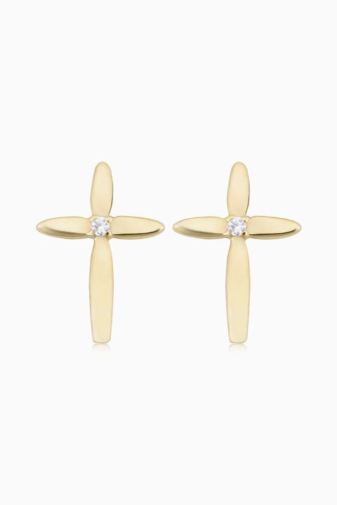 14K Yellow Gold Cross My Heart Studs