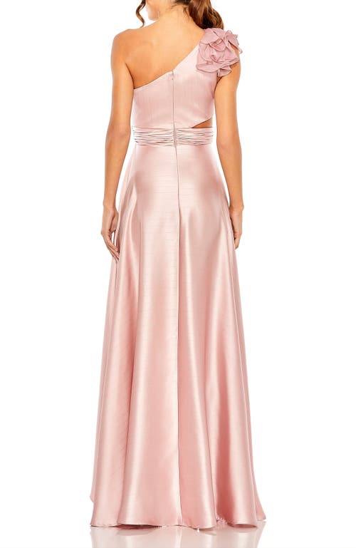 Mac Duggal Ruffled One Shoulder Cut Out Hi-low Gown In Rose
