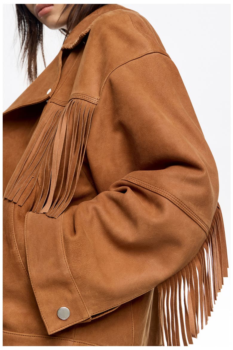 Leather Double-Breasted Fringed Leather Jacket, Alternate, color, TOBACCO