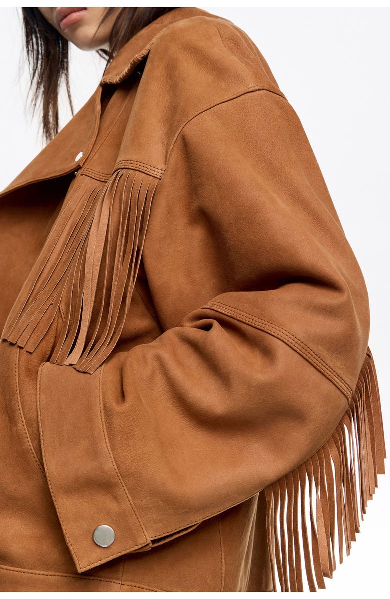 Bimba y Lola Leather Double-Breasted Fringed Leather Jacket, Alternate, color, Tobacco