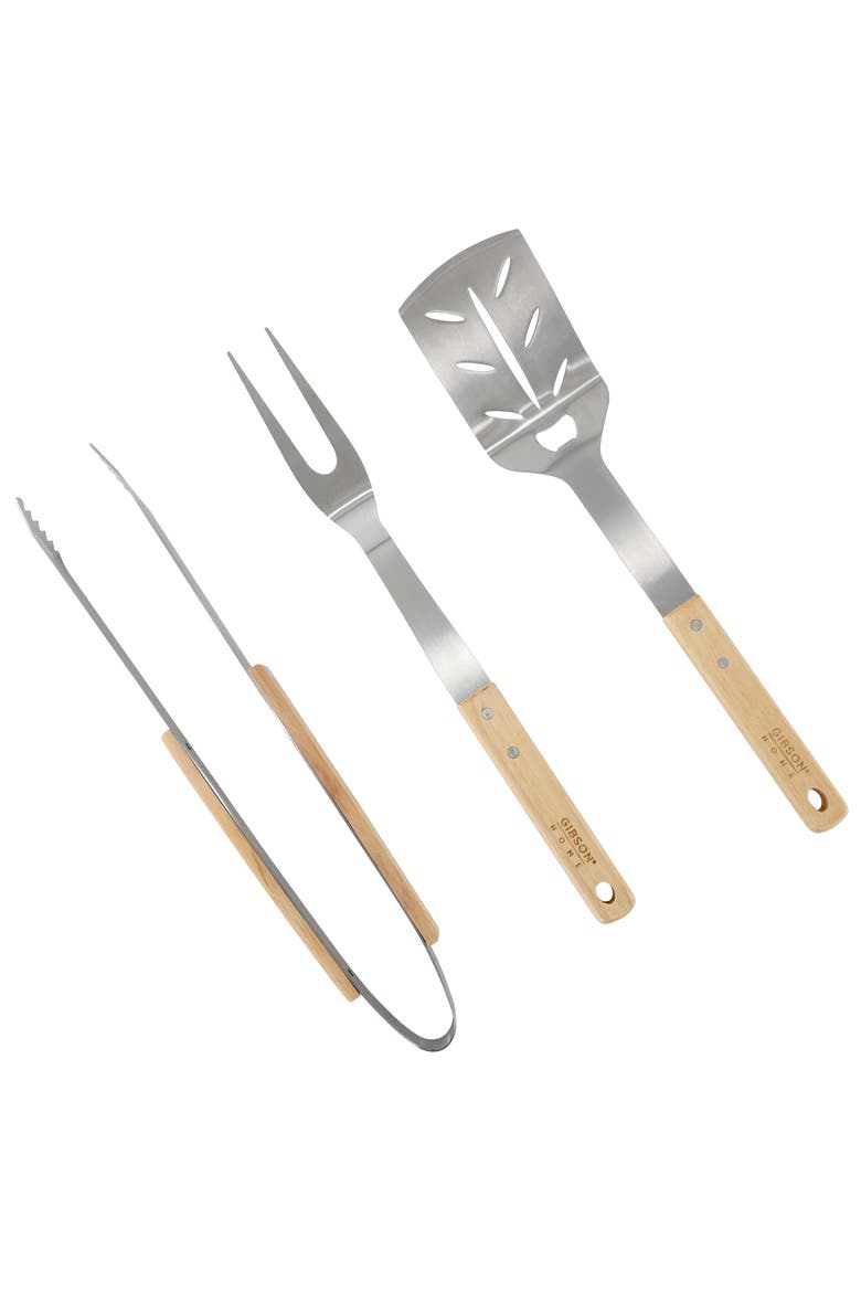 Barbecue Plus 3 Piece Barbecue Tool Set with Rubberwood Handles, Main, color, Brown