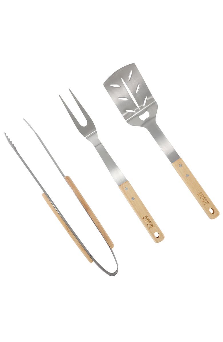 Gibson Home Barbecue Plus 3 Piece Barbecue Tool Set with Rubberwood Handles, Main, color, Brown